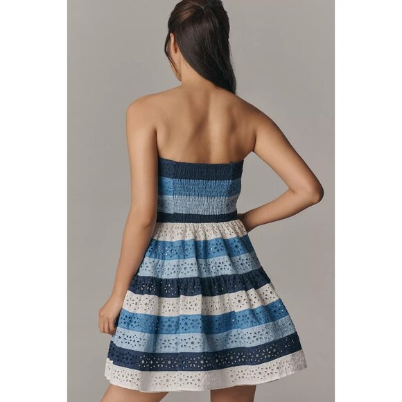 Maeve Strapless Cotton Eyelet Detail Blue Stripe Fit and Flare Dress M - Picture 2 of 5